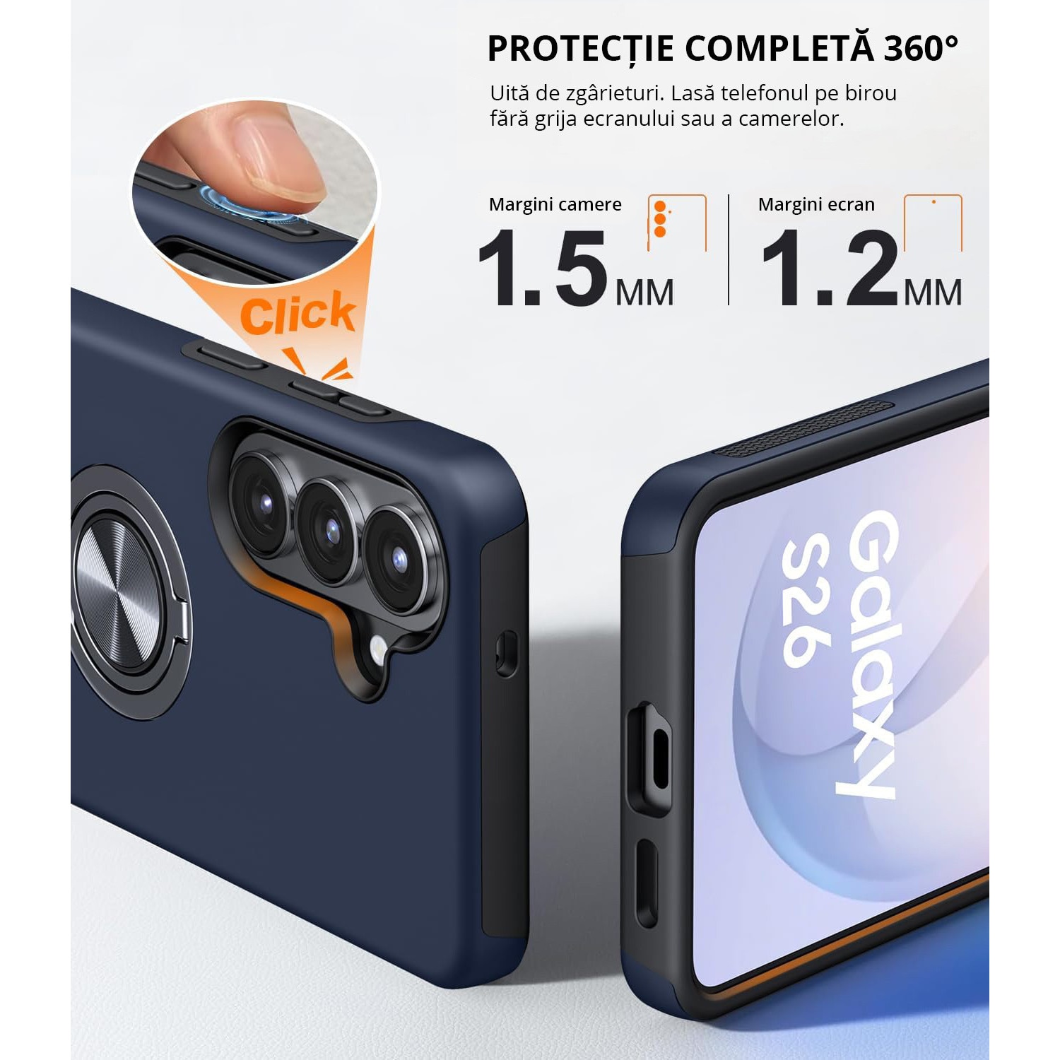 Husa MobileSmart pentru Samsung Galaxy S26, Inel Rotativ 360°, Suport Auto Magnetic, Protectie Camera, Antisoc, Bleumarin