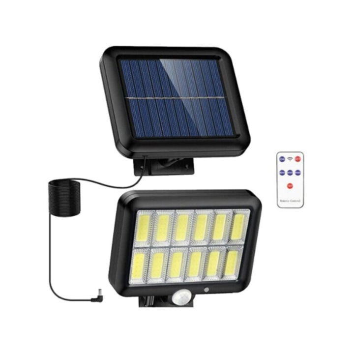 Lampa solara 120 LED, 30W cu senzor de miscare, telecomanda, panou ajustabil, cablu de 5 metri, lumina rece, rezistenta la apa IP65, incarcare solara rapida, autonomie extinsa, ideala pentru curte, gradina si spatii exterioare