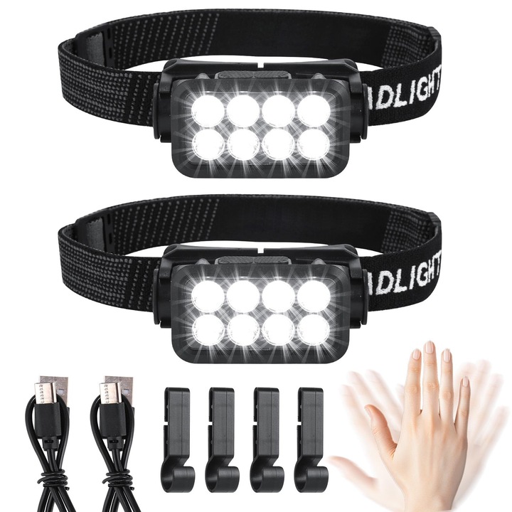 Комплект от 2 презареждаеми LED фенера, 2500 лумена, 5 режима на осветление, IPX6, сензор за движение, леки