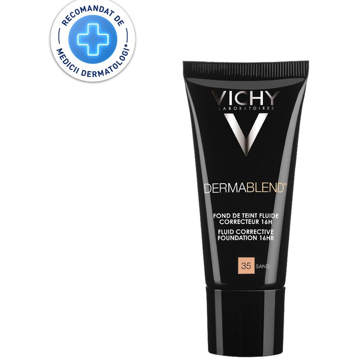 Fond de ten corector fluid rezistenta 16h SPF 35 Vichy Dermablend pentru tenul normal sau uscat Nuanta 35 Sand, 30 ml