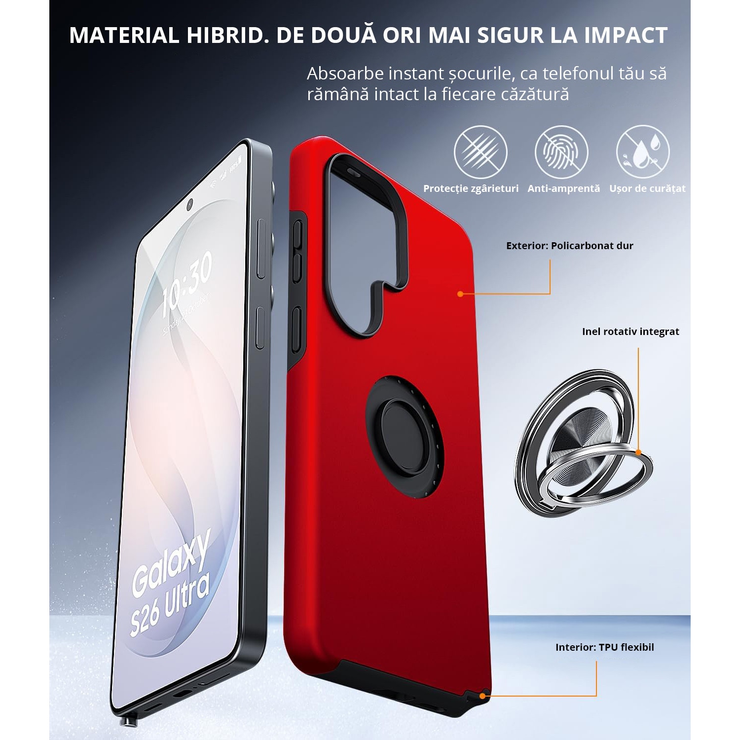 Husa MobileSmart pentru Samsung Galaxy S26 ULTRA, Inel Rotativ 360°, Suport Auto Magnetic, Protectie Camera, Antisoc, Rosu