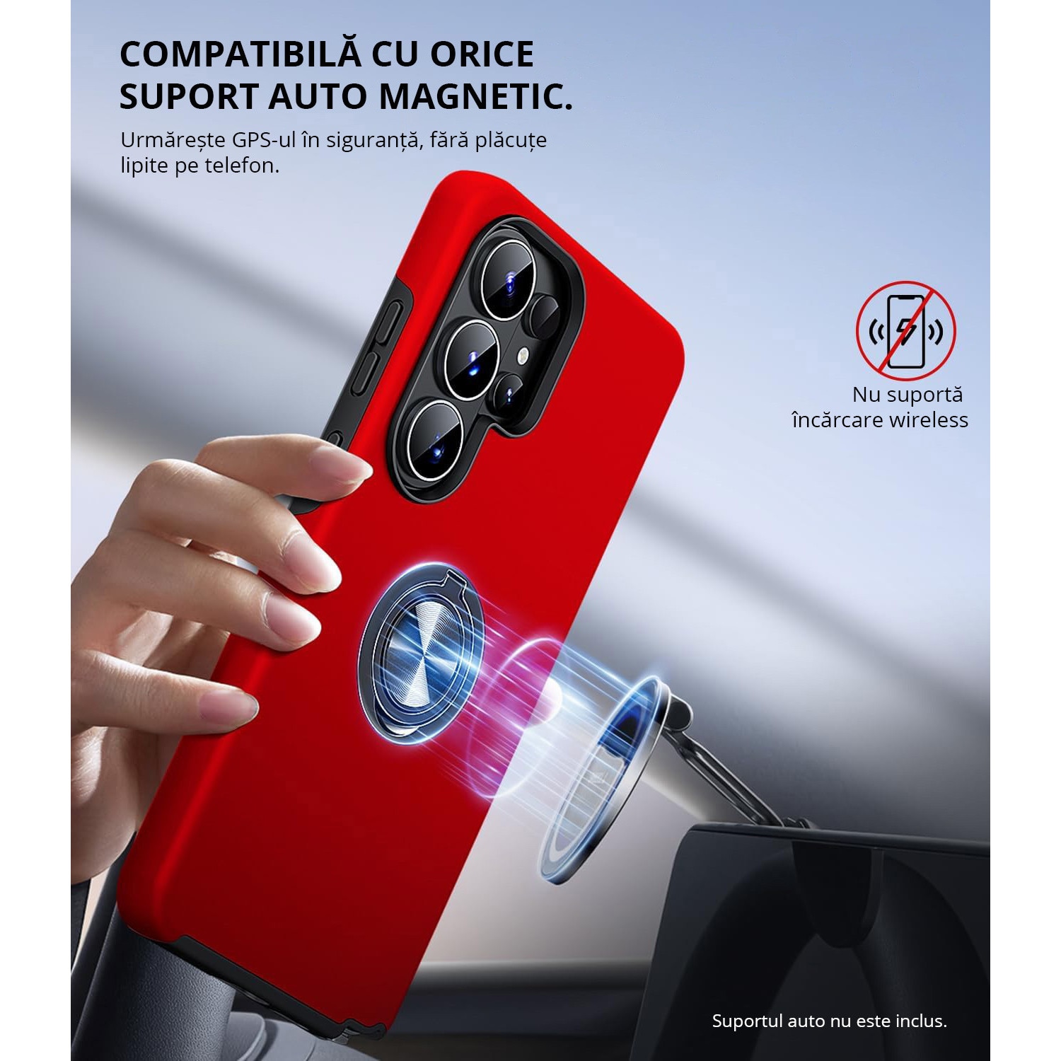 Husa MobileSmart pentru Samsung Galaxy S26 ULTRA, Inel Rotativ 360°, Suport Auto Magnetic, Protectie Camera, Antisoc, Rosu