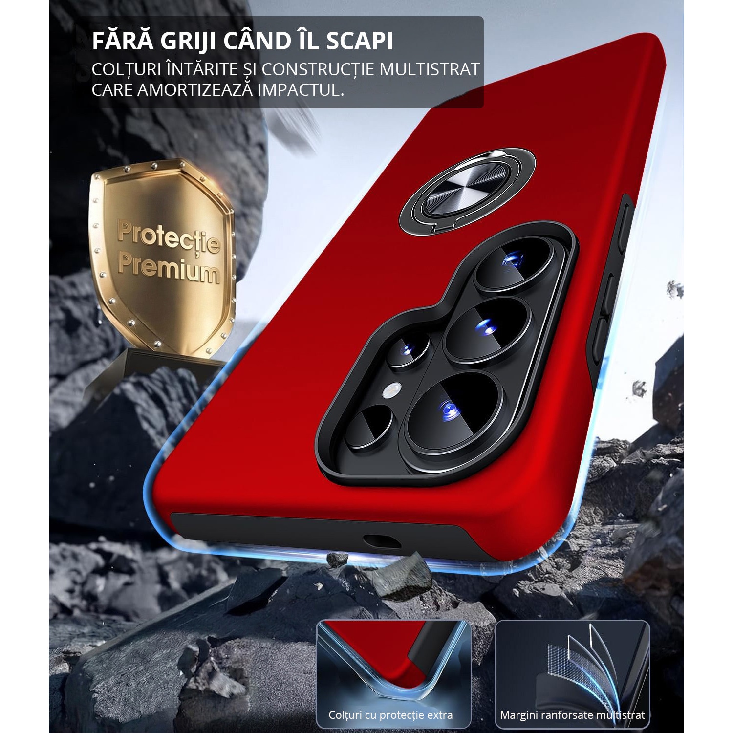 Husa MobileSmart pentru Samsung Galaxy S26 ULTRA, Inel Rotativ 360°, Suport Auto Magnetic, Protectie Camera, Antisoc, Rosu