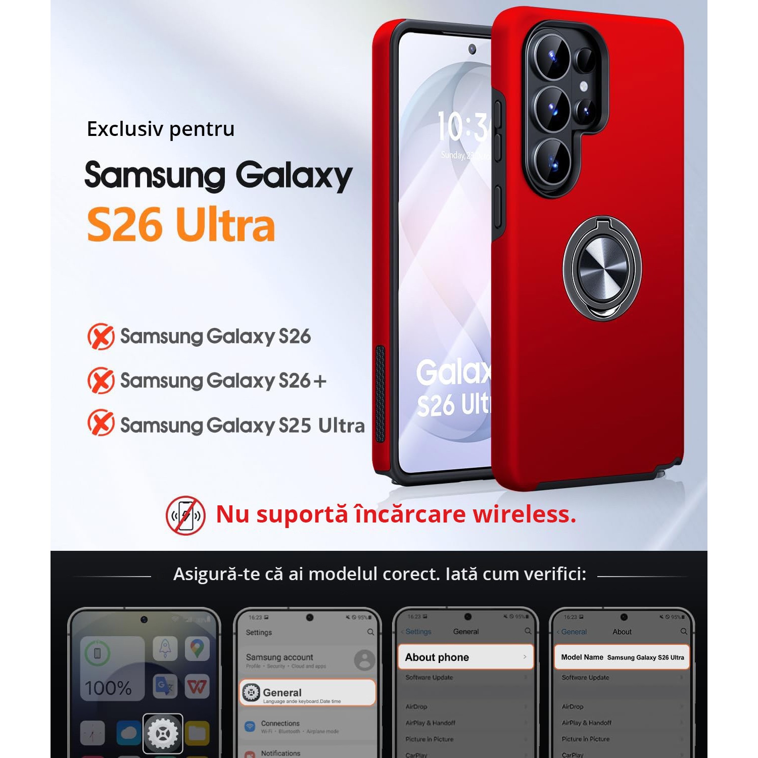 Husa MobileSmart pentru Samsung Galaxy S26 ULTRA, Inel Rotativ 360°, Suport Auto Magnetic, Protectie Camera, Antisoc, Rosu