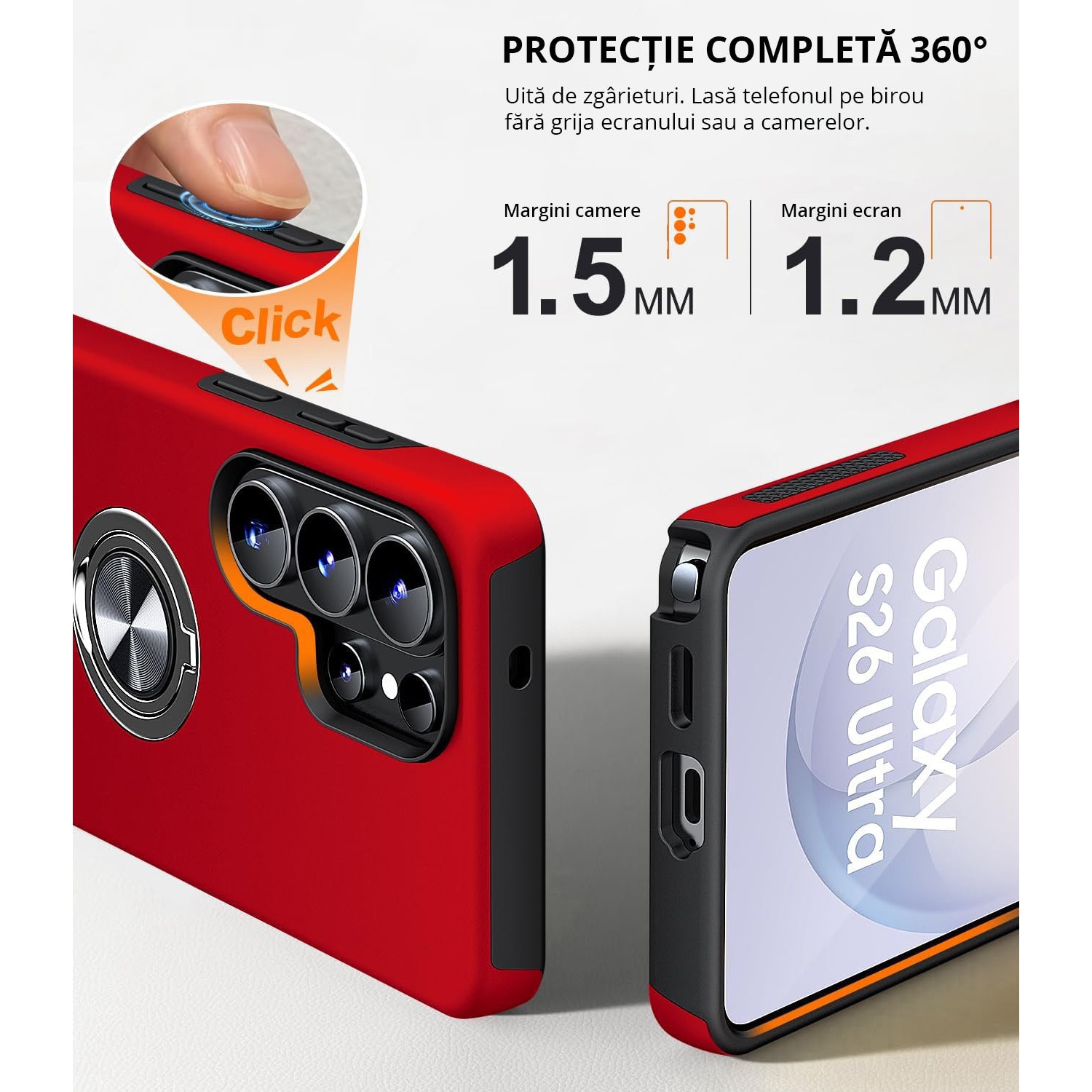 Husa MobileSmart pentru Samsung Galaxy S26 ULTRA, Inel Rotativ 360°, Suport Auto Magnetic, Protectie Camera, Antisoc, Rosu