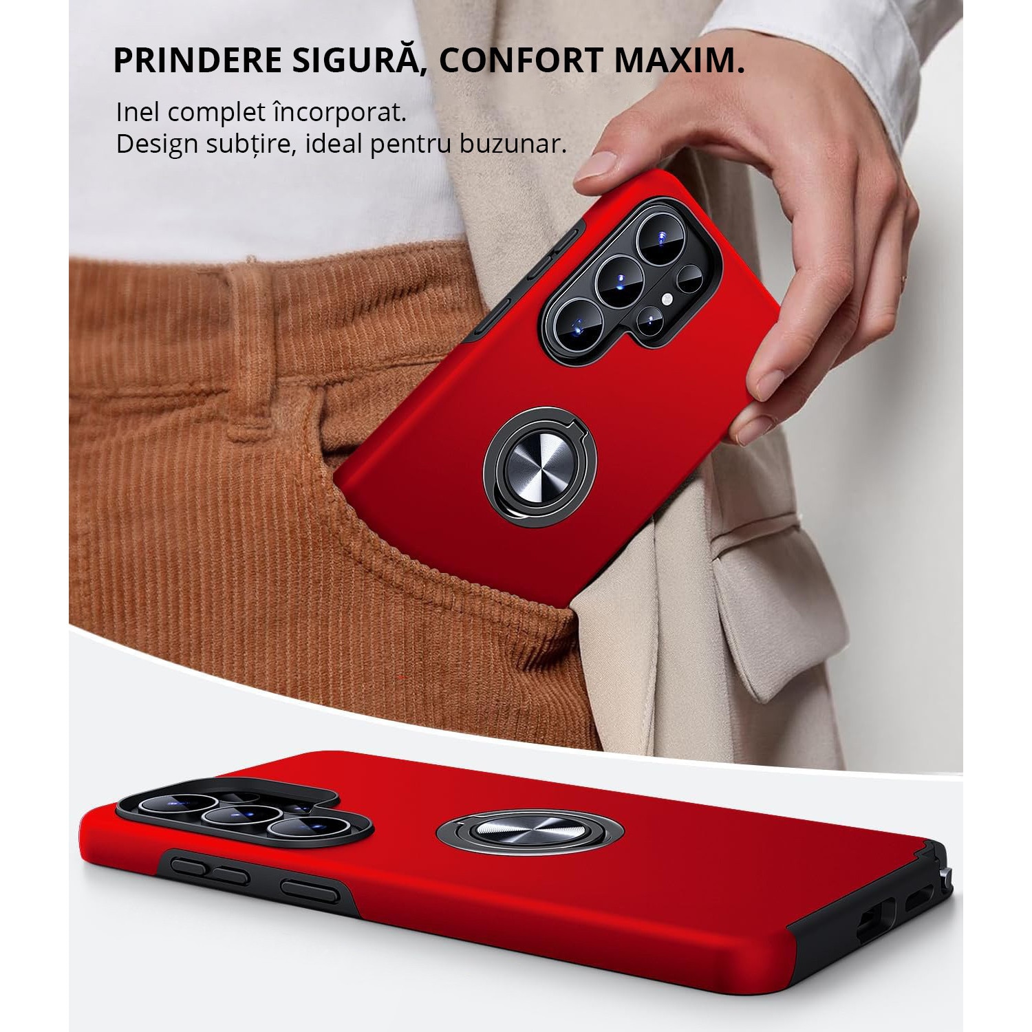 Husa MobileSmart pentru Samsung Galaxy S26 ULTRA, Inel Rotativ 360°, Suport Auto Magnetic, Protectie Camera, Antisoc, Rosu