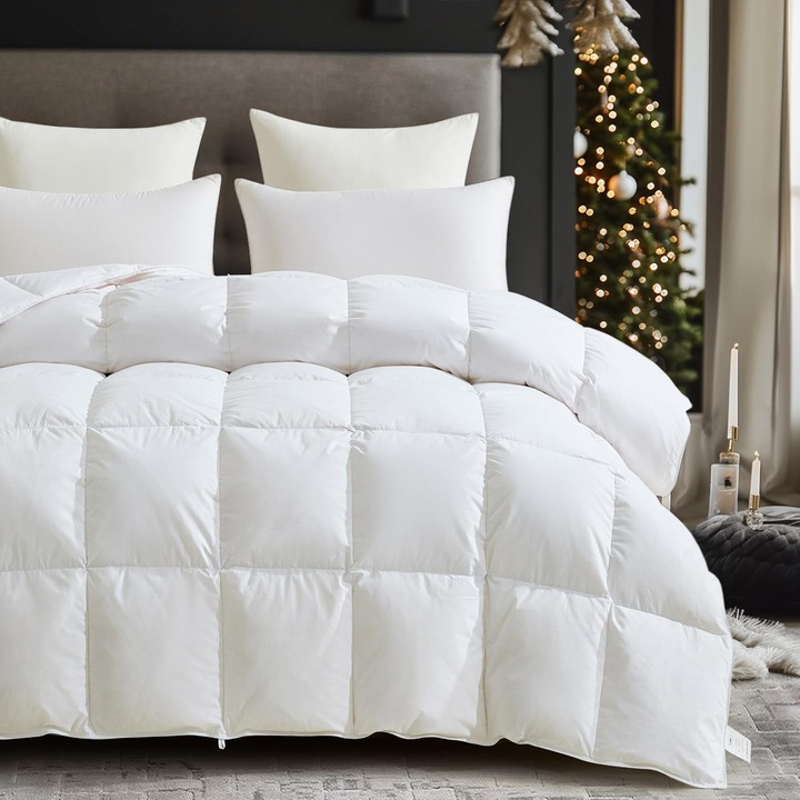 Pilota Premium Degrees of Comfort, 200x200 cm, 90% Puf de Rata Alb (RDS), Husa 100% Bumbac Organic, All-Season, 8 Sisteme de Fixare, Certificata Oeko-Tex, Lavabila, Alb