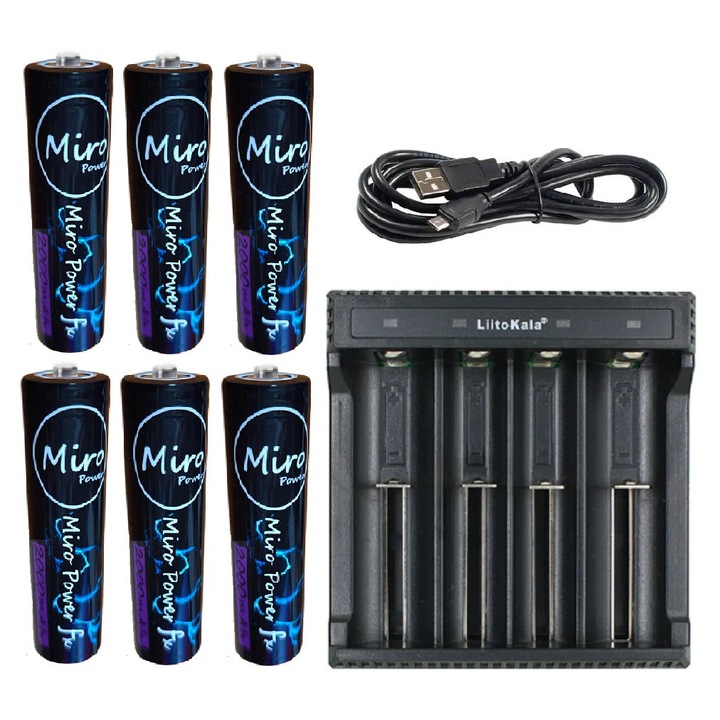 Set 6 baterii Li-ion Miro Power 18650 2000 mAh 3.7v + incarcator Liitokala L4