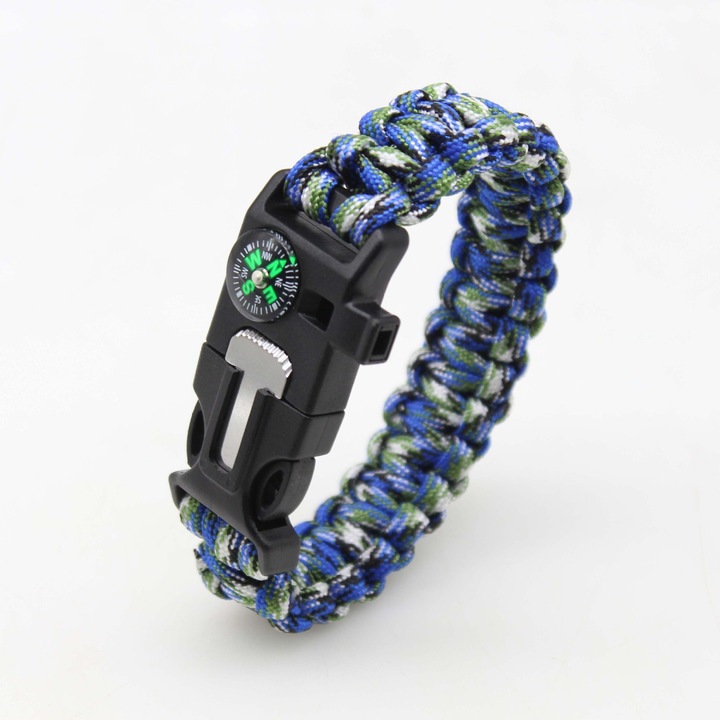 Bratara supravietuire multifunctionala 5 in 1, paracord, albastru, 25.5x2.5cm