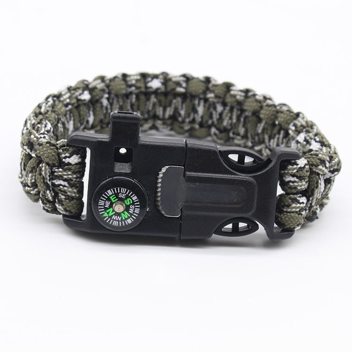 Bratara multifunctionala de supravietuire 5 in 1, cu fluier, aprinzator de foc si busola, design portabil usor, pentru camping si drumetii, Camuflaj gri deschis
