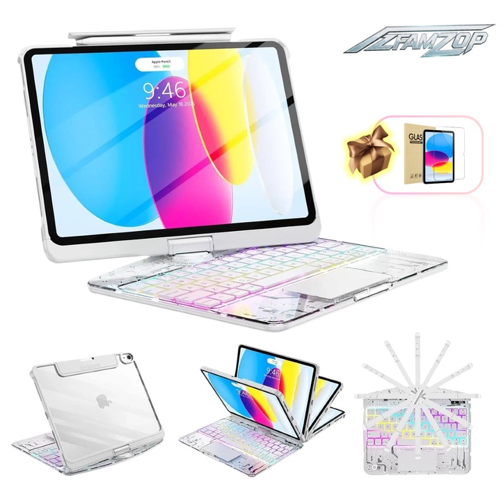 Калъф с клавиатура с 7 цвята подсветка тип Magic Keyboard за iPad 10/11 поколение (A16) 2025, AZFAMZOP™, въртящ се на 360 градуса, защитно фолио за екран от закалено стъкло, държач за писалка, функция автоматично заспиване/събуждане, бял