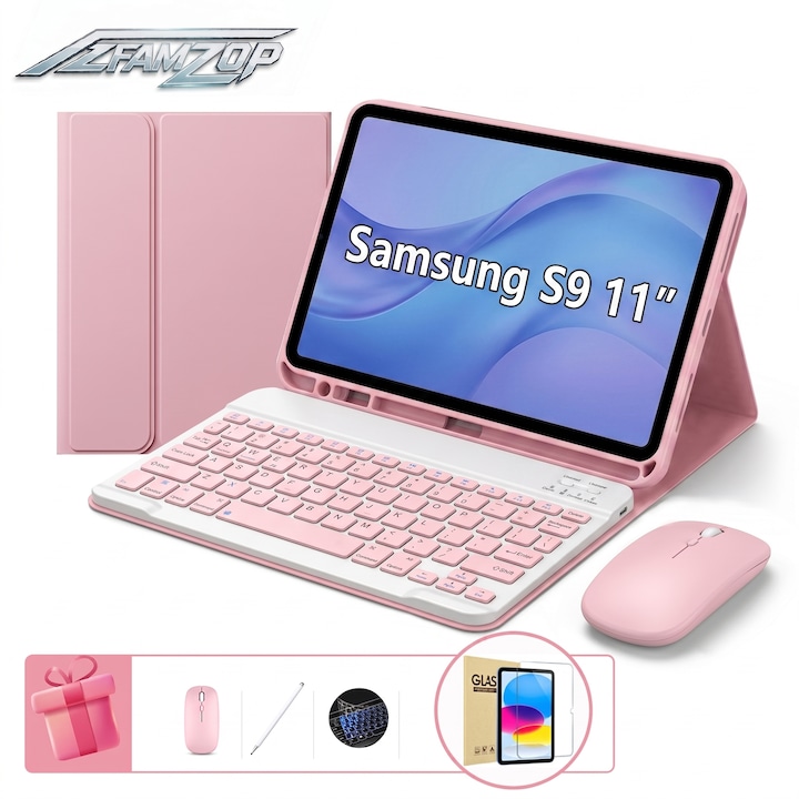 Védőtok Samsung Galaxy Tab S9 11 inch készülékhez, AZFAMZOP™, levehető Bluetooth billentyűzettel, edzett üveg képernyővédő fóliával, érintőceruzával, vezeték nélküli egérrel, szilikon billentyűzetvédelemmel, vékony, rózsaszín