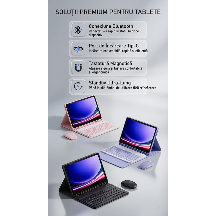 Защитен калъф за Samsung Galaxy Tab S9 11 инча, AZFAMZOP™, с подвижна Bluetooth клавиатура, протектор за екран от закалено стъкло, тъч писалка, безжична мишка, силиконова защита за клавиатура, тънък, розов