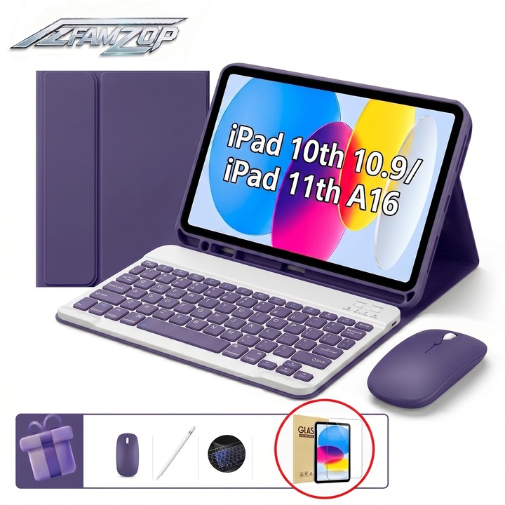 Védőtok iPad 10/11. generációhoz (A16) 2025, AZFAMZOP™, levehető Bluetooth billentyűzettel, edzett üveg képernyővédő fóliával, érintőceruzával, vezeték nélküli egérrel, szilikon billentyűzetvédelemmel, vékony, levendula lila