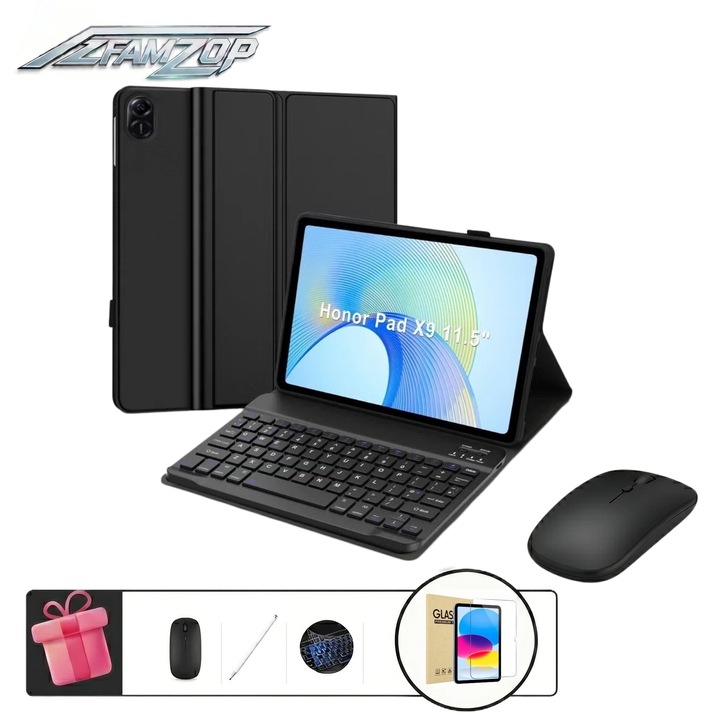 Védőtok Honor Pad X8 Pro / Pad X9 11.5 inch készülékhez, AZFAMZOP™, levehető Bluetooth billentyűzettel, edzett üveg képernyővédő fóliával, érintőceruzával, vezeték nélküli egérrel, szilikon billentyűzetvédelemmel, vékony, fekete