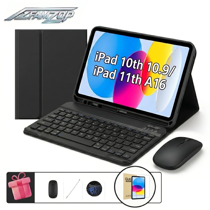 Védőtok iPad 10/11. generációhoz (A16) 2025, AZFAMZOP™, levehető Bluetooth billentyűzettel, edzett üveg képernyővédő fóliával, érintőceruzával, vezeték nélküli egérrel, szilikon billentyűzetvédelemmel, vékony, fekete