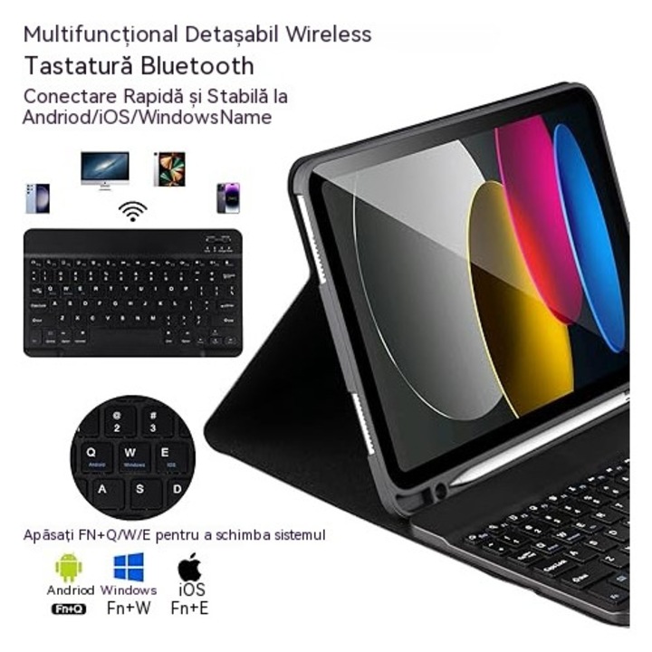 Защитен калъф за iPad 10/11 поколение (A16) 2025, AZFAMZOP™, с разглобяема Bluetooth клавиатура, протектор за екран от закалено стъкло, тъч писалка, безжична мишка, силиконова защита за клавиатура, тънък, черен