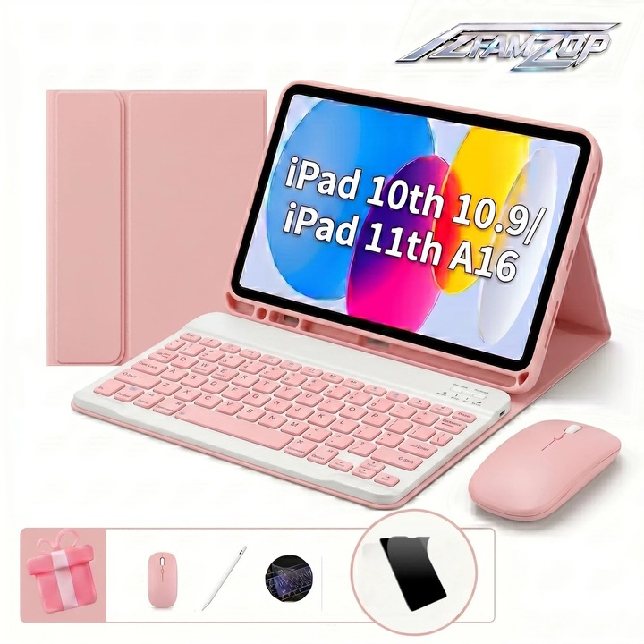 Védőtok iPad 10/11. generációhoz (A16) 2025, AZFAMZOP™, levehető Bluetooth billentyűzettel, rugalmas képernyővédő fóliával, érintőceruzával, vezeték nélküli egérrel, szilikon billentyűzetvédelemmel, rózsaszín