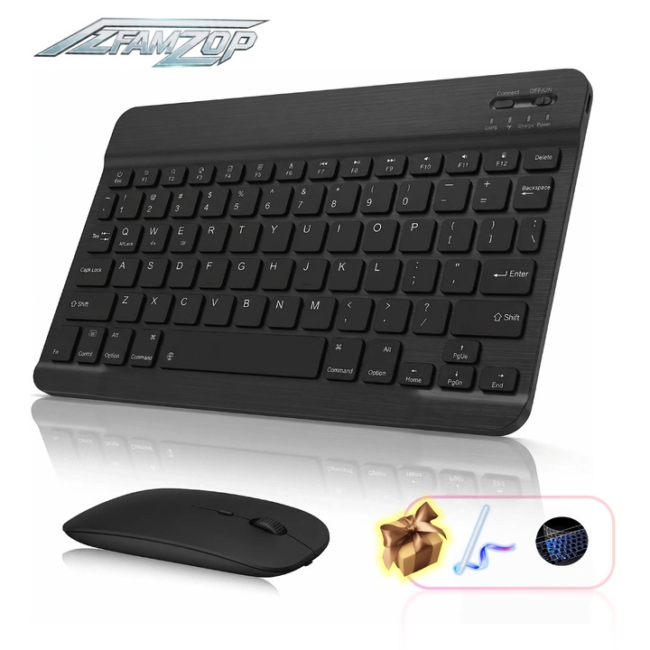 4 az 1-ben készlet Bluetooth billentyűzet és vezeték nélküli egér, AZFAMZOP™, Stylus tollat és szilikon billentyűzetvédőt tartalmaz, kompatibilis Apple / Samsung / Windows táblagépekkel és telefonokkal, fekete
