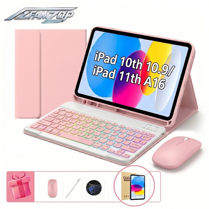 Husa de protectie pentru iPad generatia a 10/11 (A16) 2025, AZFAMZOP™, cu tastatura Bluetooth detasabila iluminata 7 culori, folie de ecran sticla securizata, stilou tactil, mouse wireless, protectie silicon tastatura, roz