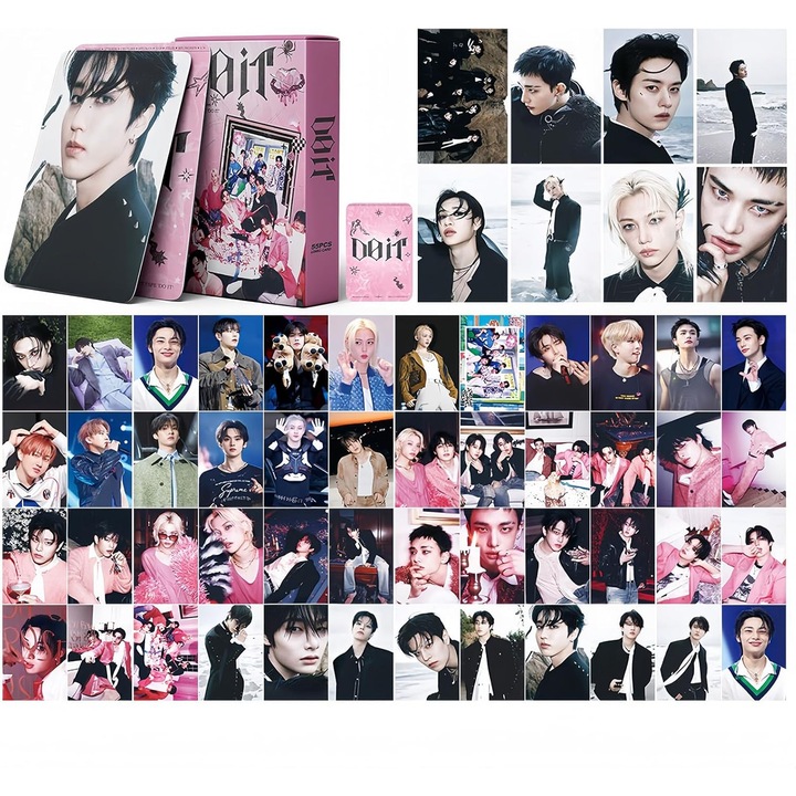 Set de 55 de carduri foto colectionabile Stray Kids – DO IT, format 57 x 88 mm, tematica K-pop, pentru album, jurnal, decor si cadou pentru fani