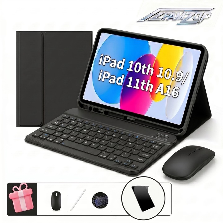 Védőtok iPad 10/11. generációhoz (A16) 2025, AZFAMZOP™, levehető Bluetooth billentyűzettel, rugalmas képernyővédő fóliával, érintőceruzával, vezeték nélküli egérrel, szilikon billentyűzetvédelemmel, fekete