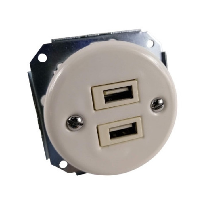 Kerámia aljzat 2xUSB-vel, Alkri-Light, retro stílus, fehér, 46x61mm
