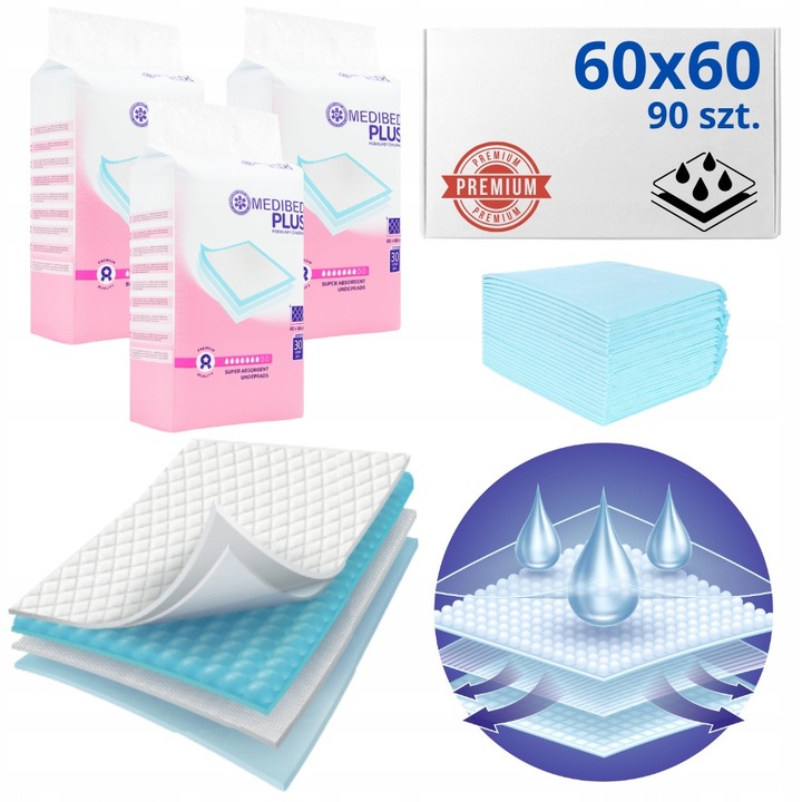 Пакет от 90 броя абсорбиращи подложки MEDIBED PLUS 60x60cm, бял и син, абсорбция 610ml