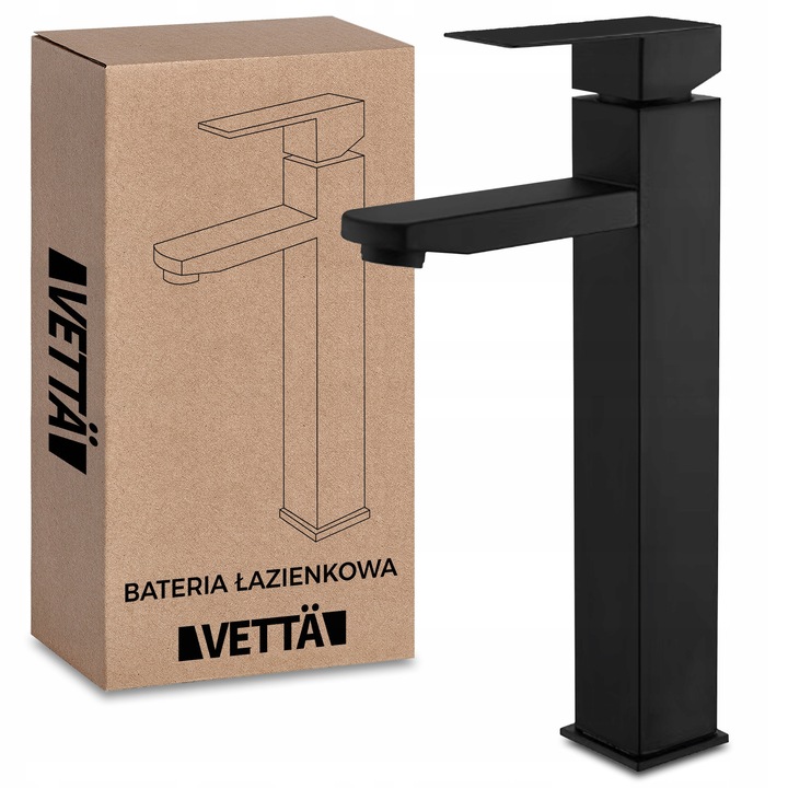 Смесител за мивка VETTA VETTA-010, висок едноръкохватков, корпус от месинг и цинкова сплав, монтаж 35 мм, матово черен
