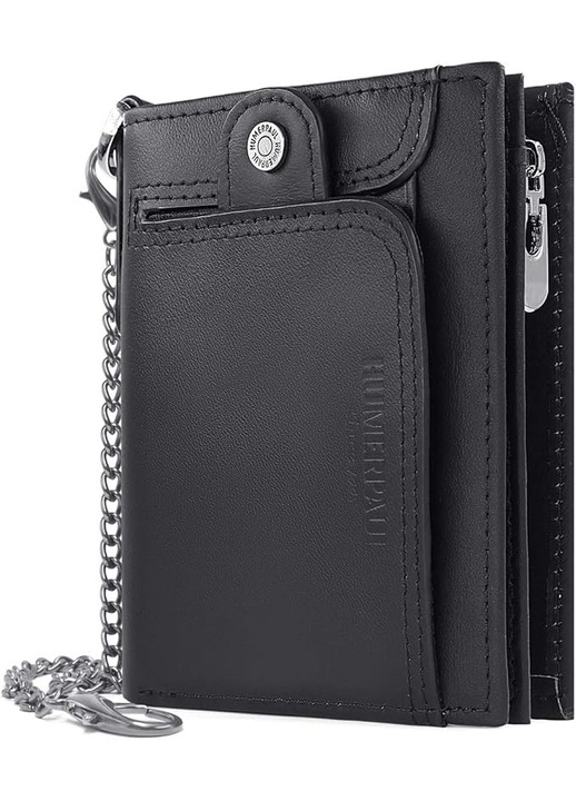 Portofel din piele pentru barbati cu buzunar, 14 sloturi pentru carduri, protectie RFID, 9.5x11.5x2.5cm, set cu lant de 25cm
