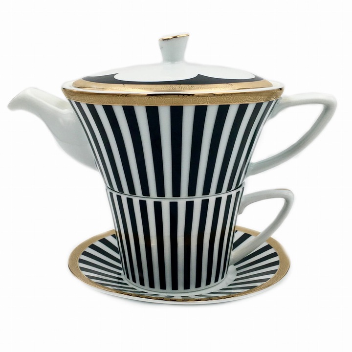 Serko teáskanna szett 550 ml csészével, Bogucice, fehér feketével, 15x6,8cm
