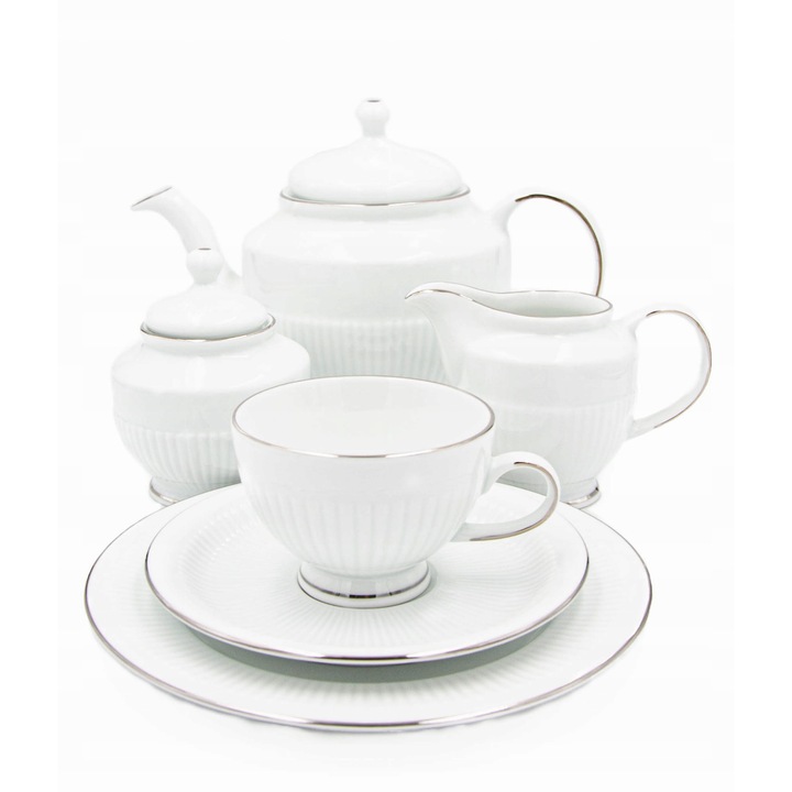 Bogucice 21 részes étkészlet csészékkel és tányérokkal, 6 személyes, porcelán, fehér