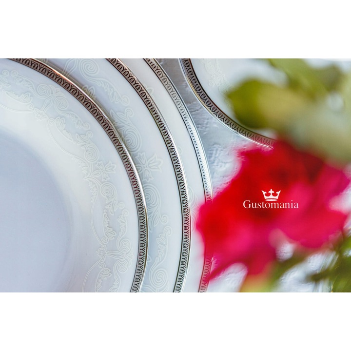 Antonio Platin étkezőkészlet, 18 darabos, 6 személyes, porcelán, 27,5x23,5x21,5cm, fehér platina díszítéssel