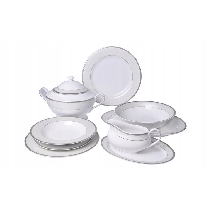 Set masa Bogucice Martha Platin, 42 elemente, alb/cu model, pentru 12 persoane