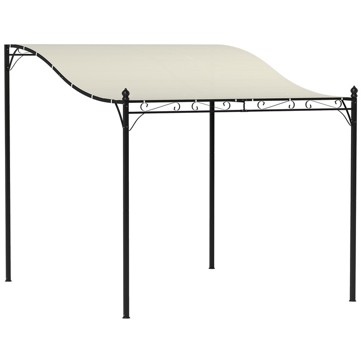 Pergola Outsunny atasata, curbata, cu 16 orificii de drenaj, din metal si poliester, 248x298x200/250 cm, crem