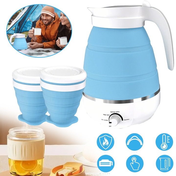 Fierbator Electric Pliabil, Fierbator Din Silicon De 600 Ml, Fierbator Portabil De Calatorie Cu Set De 2 Cani Pliabile, Setari Multiple, Fierbator Pliabil De Camping Pentru Apa, Lapte, Cafea, Ceai