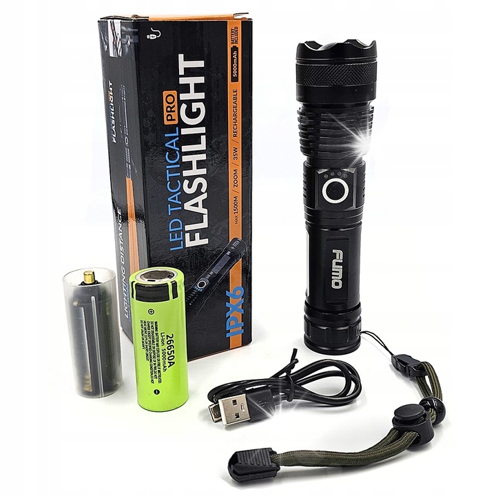 Тактически фенер FUMO FFL1, 2500lm, батерия 5000mAh, водоустойчив, функция ZOOM, размери 166x41x41mm