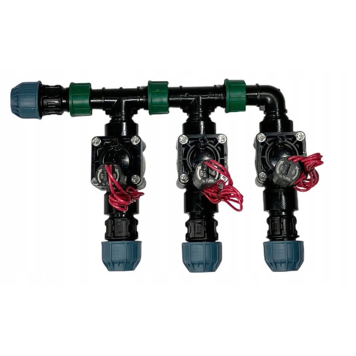 Set colector 3 sectiuni LoveMyGarden PGV 100, 3 electrovalve, 4 racorduri PE 25 x 1", 2 teuri, 1 cot