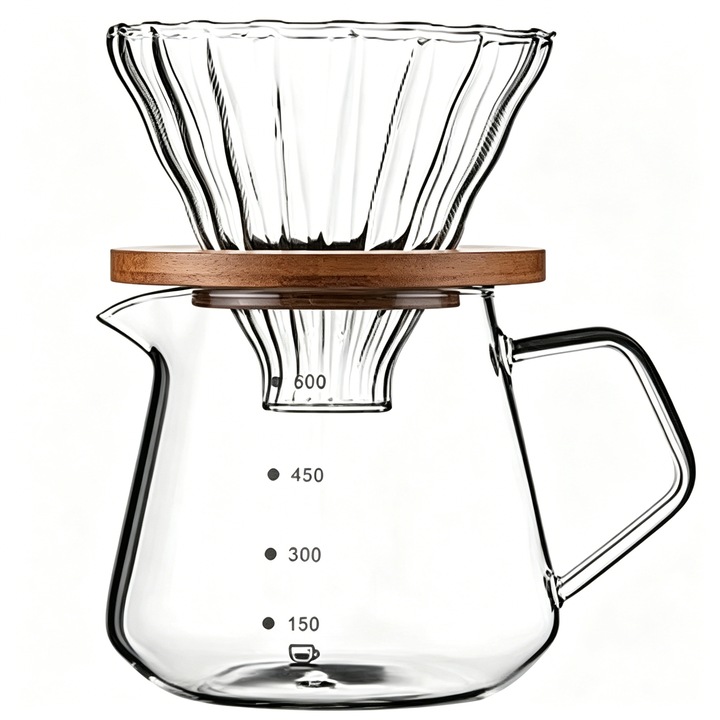 Pour Over kávéfőző, BOMSTOM, 20 OZ /600ML, hőálló boroszilikát üvegből, üveg csepegtetővel/kávészűrővel, átlátszó