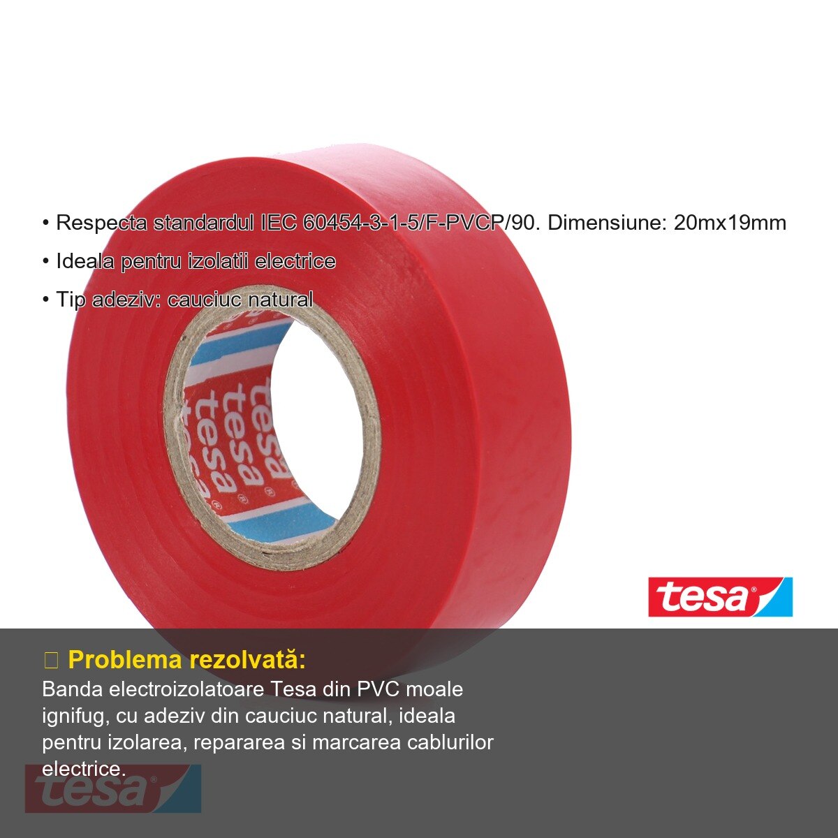 Pvc Ignifug Banda adeziva electroizolatoare Tesa, PVC moale ignifug, rosie, 20m x ...