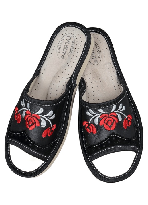 Papuci de casa dama, vara, model floral brodat, talpa antiderapanta, usori si comozi, negru, marimea EU 38