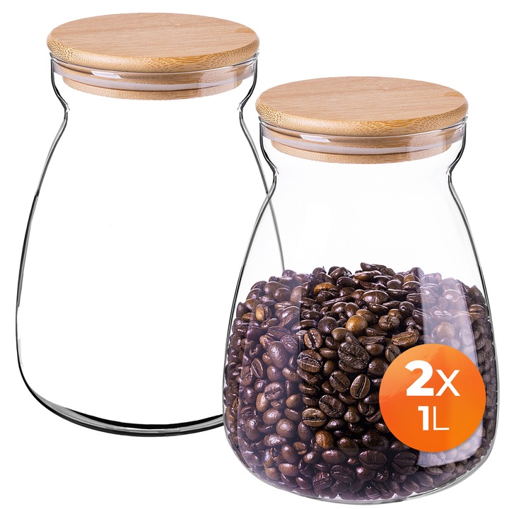 Pachet 2 cutii alimentare din sticla KADAX, 1000 ml, capac din bambus, transparent