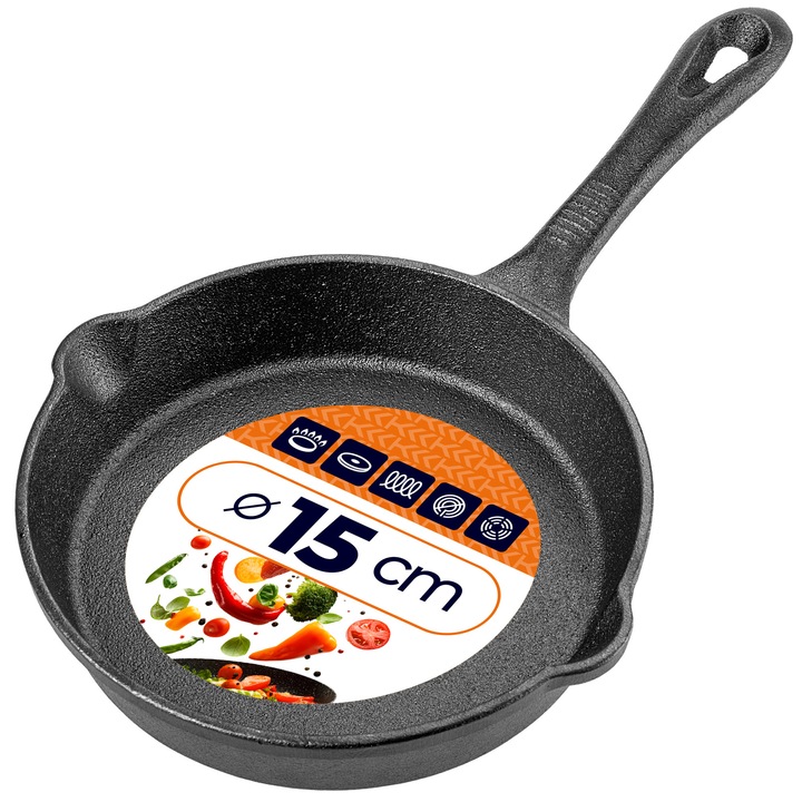 Tigaie din fonta KADAX, 15 cm, rezistenta la zgarieturi, utilizare pe toate tipurile de plite, culoare neagra