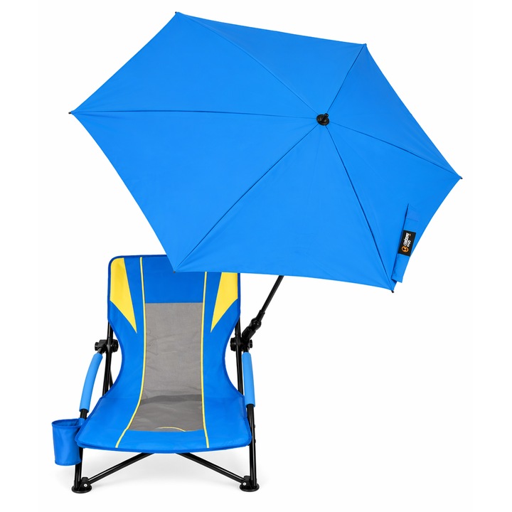 Scaun Plaja Pliabil OutdoorPro cu Umbrela UPF 50+, Reglabila 360°, Suport Pahar, Portabil, Camping, Pescuit, Outdoor