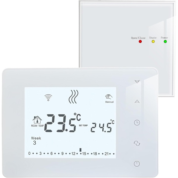 Termostat wireless cu receptor pentru boiler, programabil, functie de iluminare, alb, dimensiuni 90x85x20mm, 85x85x28mm