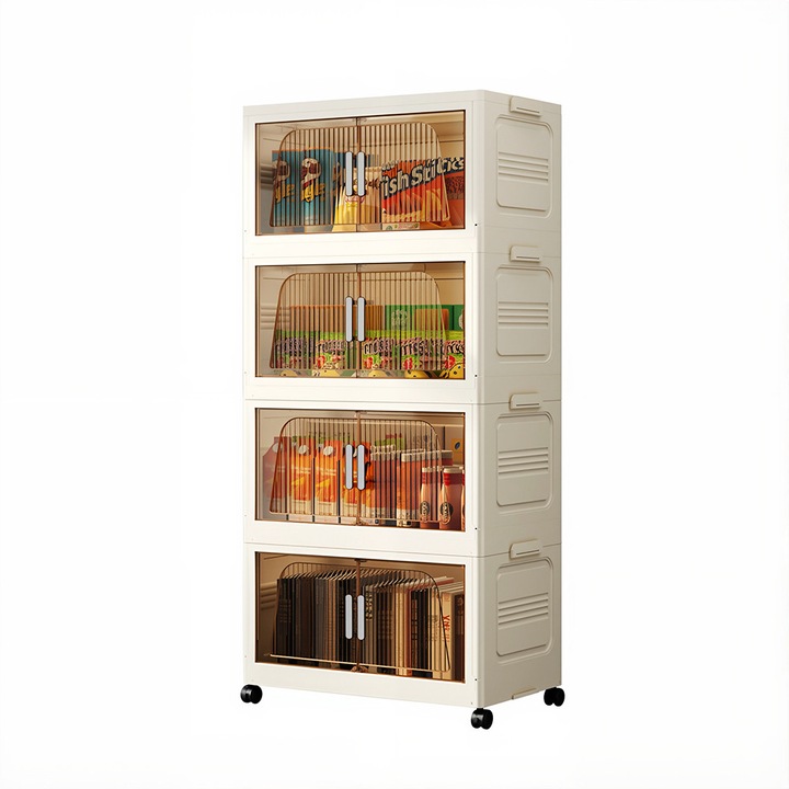 Dulap Depozitare Pliabil cu Roti, Organizator Multifunctional, Usi Transparente Magnetice, 4 Nivele, Fara Asamblare, Alb/Maro, 88*40*25cm, BIG FOREST