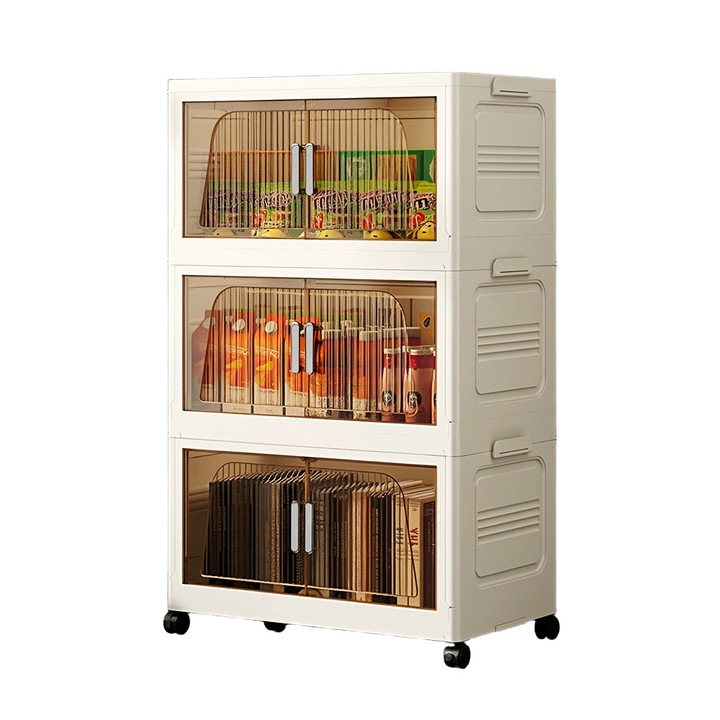 Dulap Depozitare Pliabil cu Roti, Organizator Multifunctional, Usi Transparente Magnetice, 3 Nivele, Fara Asamblare, Alb, 67x40x25cm, BIG FOREST
