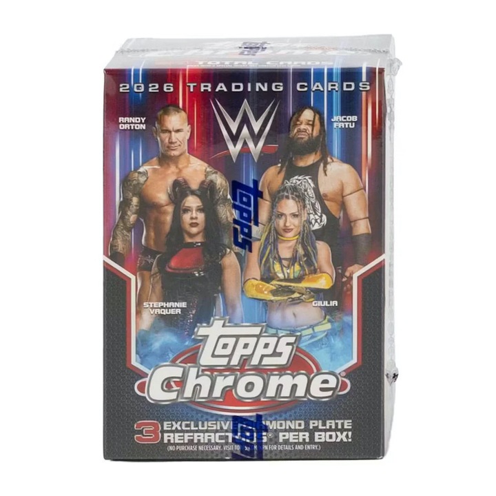 2026 Topps Chrome WWE Wrestling Blaster Doboz (28db Pankrációs Kártya, benne 3db Diamond Plate és 1db Refractor Kártya!)