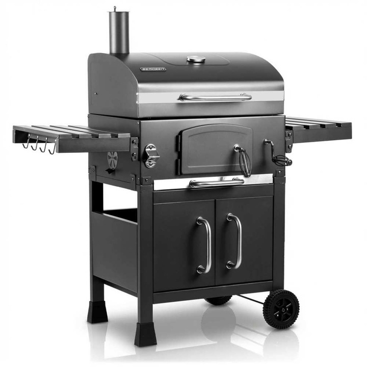 Kerti grill, faszenes, rozsdamentes acélból, öntöttvas grillrács 41,5 x 57 cm, tágas szekrény, kiegészítő krómozott acél melegentartó rács, összecsukható oldalsó polcok, hőmérő, 122x122,5x67 cm