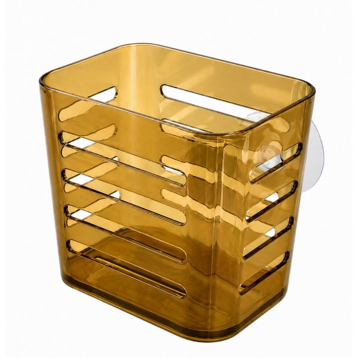 Suport baie cu ventuze, Organizator, Plastic rezistent, Ideal pentru sampon, burete si accesorii dus, Drenaj eficient, 11x8x10 cm, Auriu